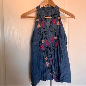 high neck flower-embroidered top